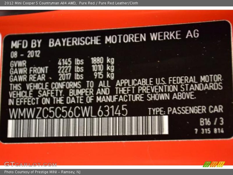 Pure Red / Pure Red Leather/Cloth 2012 Mini Cooper S Countryman All4 AWD
