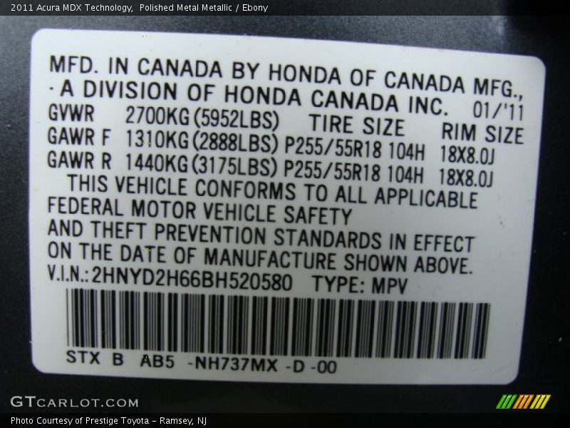 Polished Metal Metallic / Ebony 2011 Acura MDX Technology