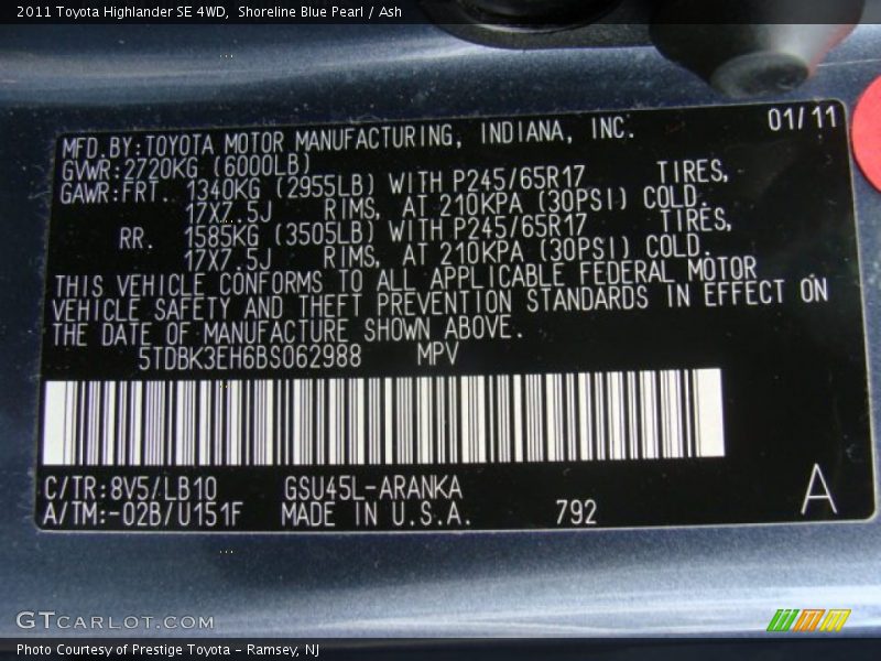 Shoreline Blue Pearl / Ash 2011 Toyota Highlander SE 4WD