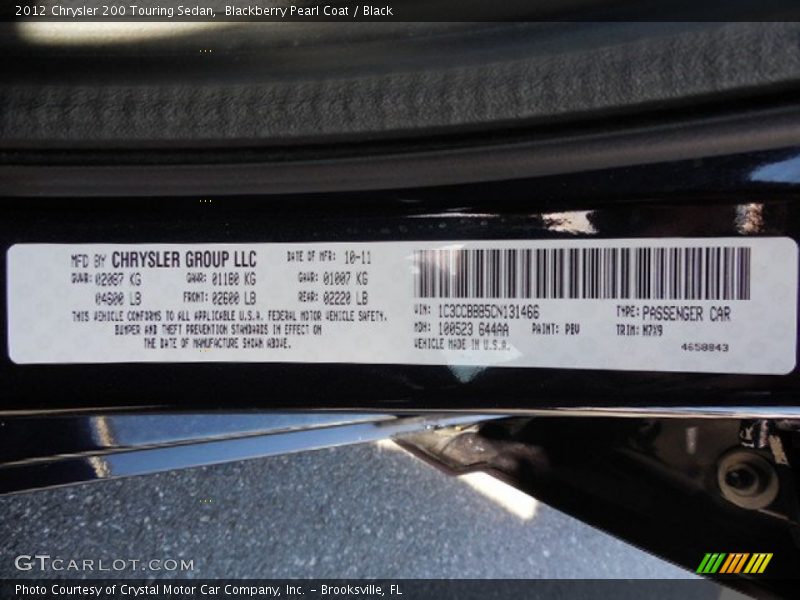 Blackberry Pearl Coat / Black 2012 Chrysler 200 Touring Sedan
