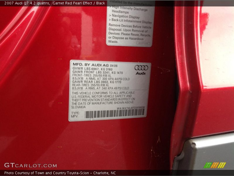 Garnet Red Pearl Effect / Black 2007 Audi Q7 4.2 quattro