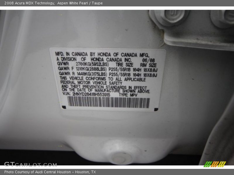 Aspen White Pearl / Taupe 2008 Acura MDX Technology