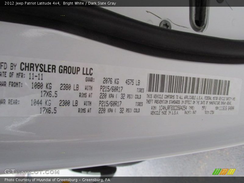 Bright White / Dark Slate Gray 2012 Jeep Patriot Latitude 4x4