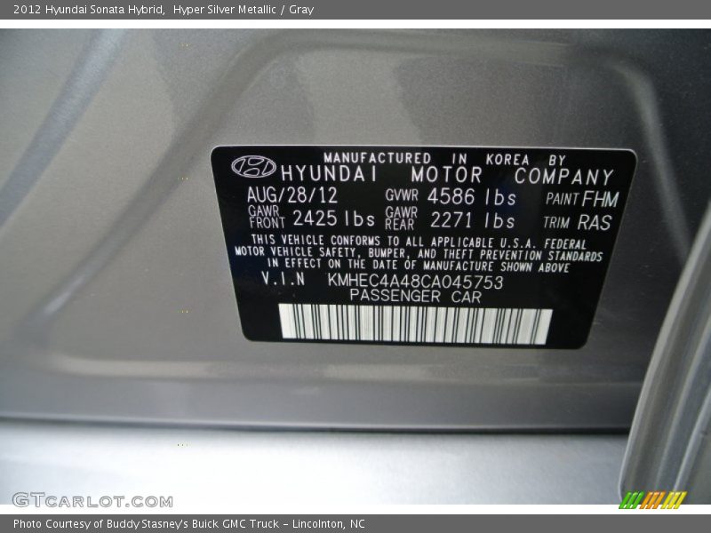 Hyper Silver Metallic / Gray 2012 Hyundai Sonata Hybrid