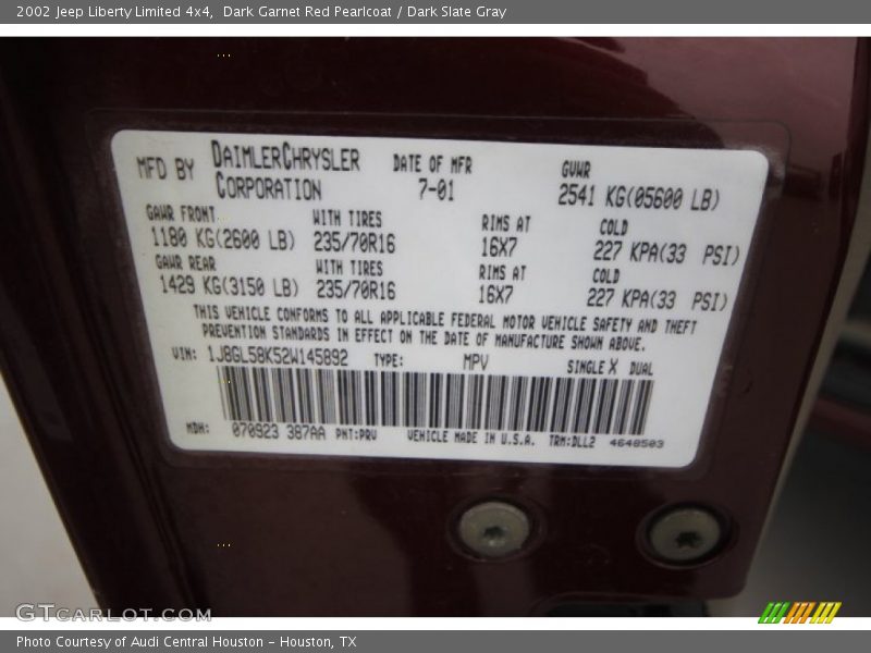 Dark Garnet Red Pearlcoat / Dark Slate Gray 2002 Jeep Liberty Limited 4x4