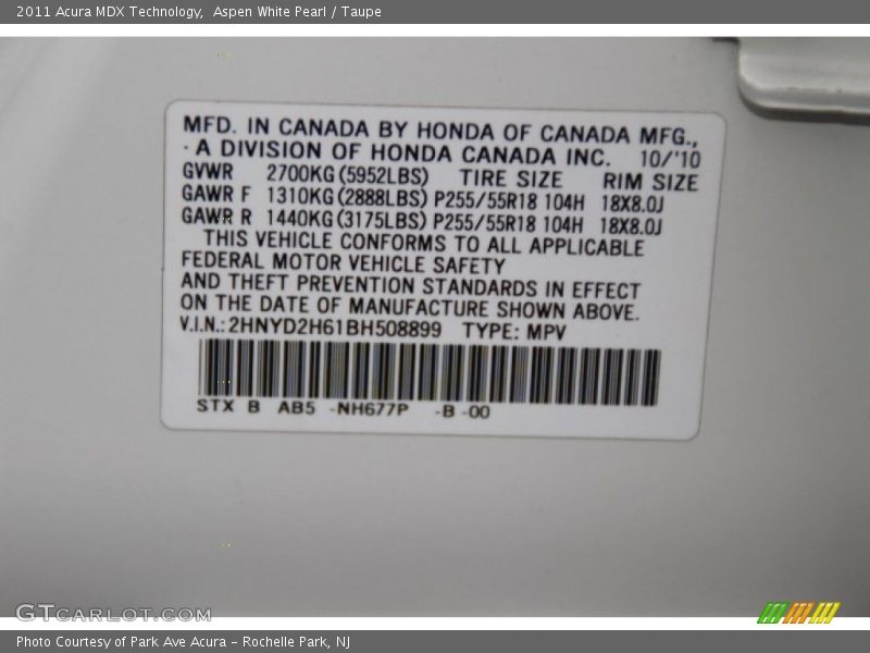 Aspen White Pearl / Taupe 2011 Acura MDX Technology