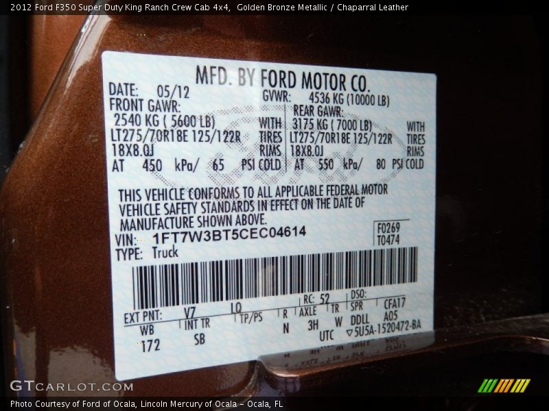 2012 F350 Super Duty King Ranch Crew Cab 4x4 Golden Bronze Metallic Color Code V7