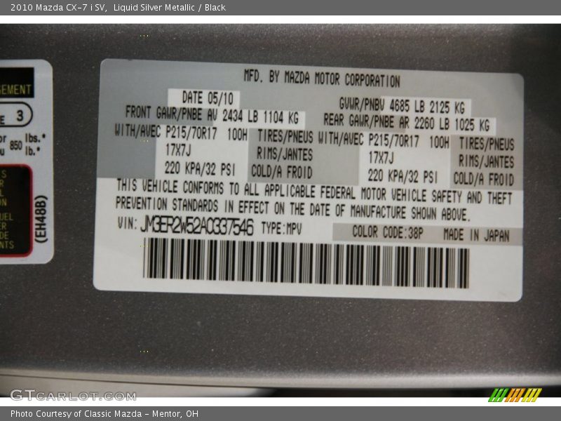 Liquid Silver Metallic / Black 2010 Mazda CX-7 i SV
