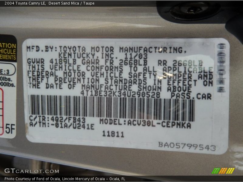 Desert Sand Mica / Taupe 2004 Toyota Camry LE