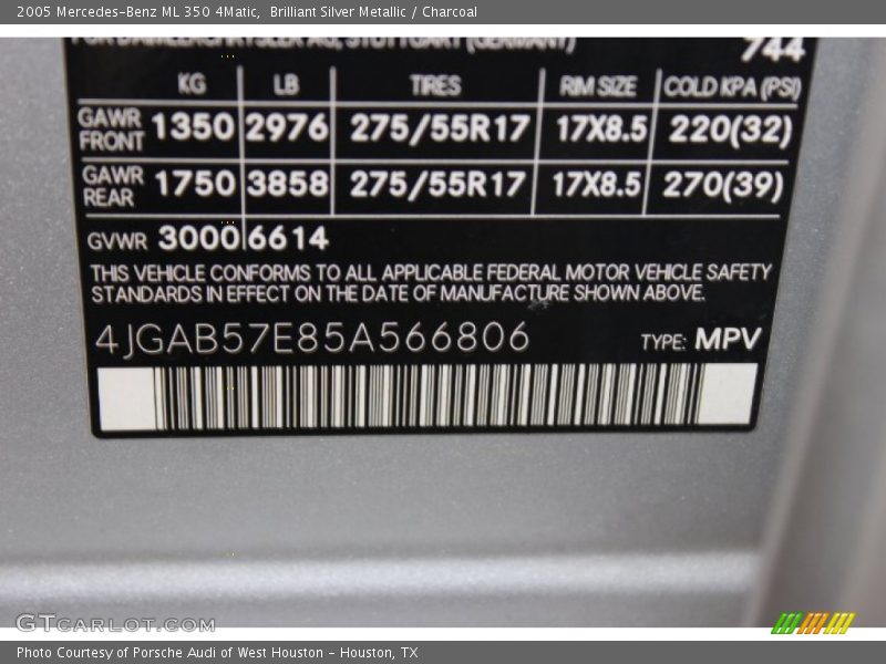 Brilliant Silver Metallic / Charcoal 2005 Mercedes-Benz ML 350 4Matic