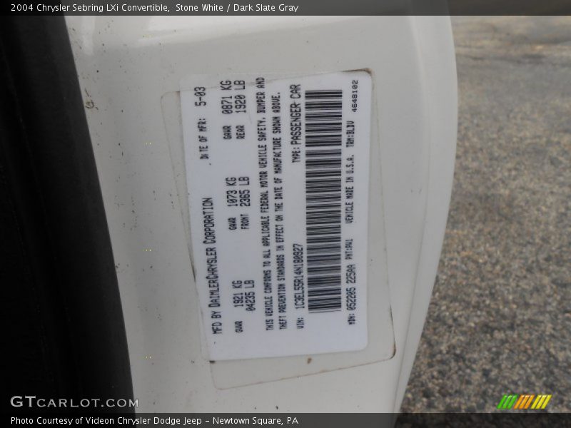 2004 Sebring LXi Convertible Stone White Color Code PW1