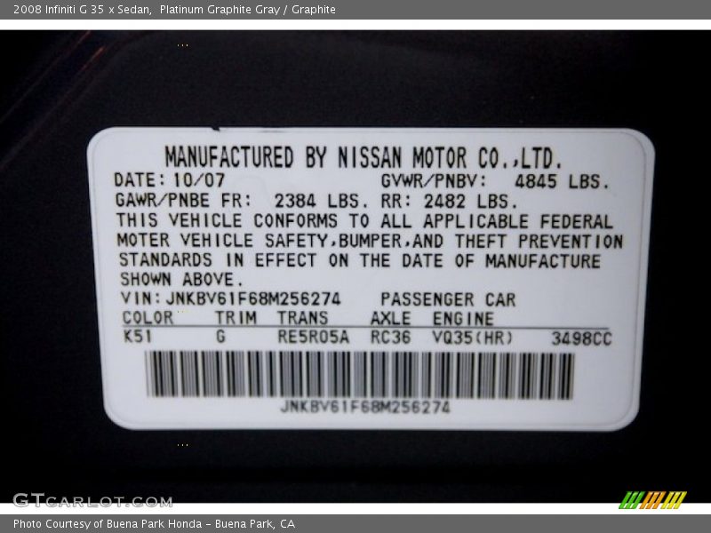 Platinum Graphite Gray / Graphite 2008 Infiniti G 35 x Sedan