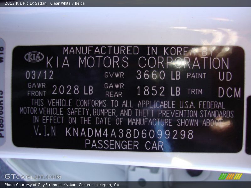 Clear White / Beige 2013 Kia Rio LX Sedan