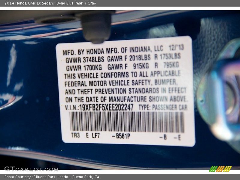 2014 Civic LX Sedan Dyno Blue Pearl Color Code B561P