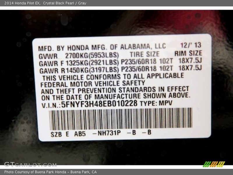 Crystal Black Pearl / Gray 2014 Honda Pilot EX