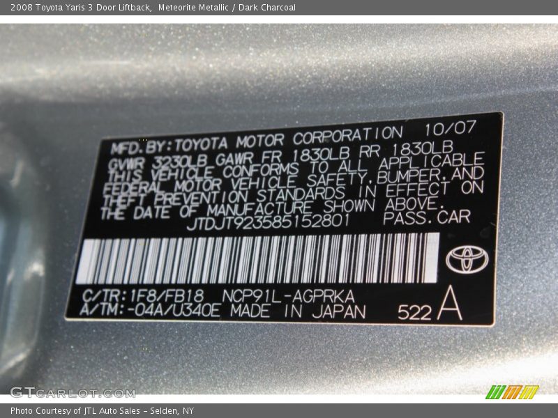 Meteorite Metallic / Dark Charcoal 2008 Toyota Yaris 3 Door Liftback