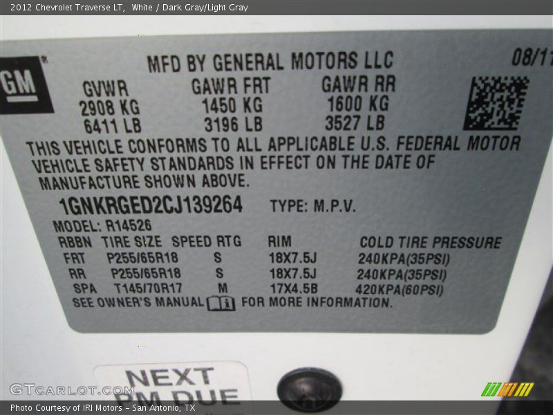 White / Dark Gray/Light Gray 2012 Chevrolet Traverse LT