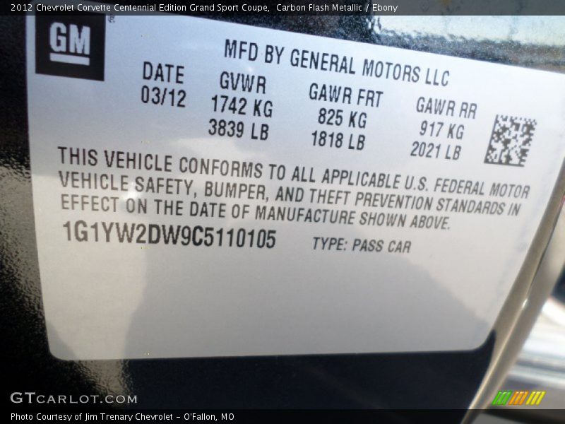 Carbon Flash Metallic / Ebony 2012 Chevrolet Corvette Centennial Edition Grand Sport Coupe
