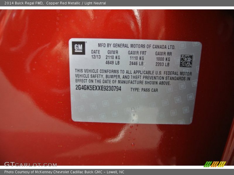 Info Tag of 2014 Regal FWD