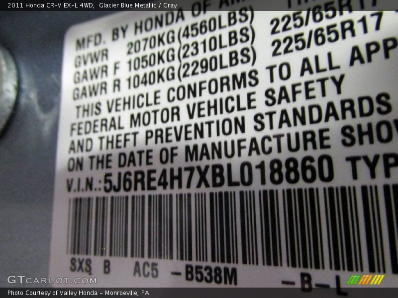 Glacier Blue Metallic / Gray 2011 Honda CR-V EX-L 4WD