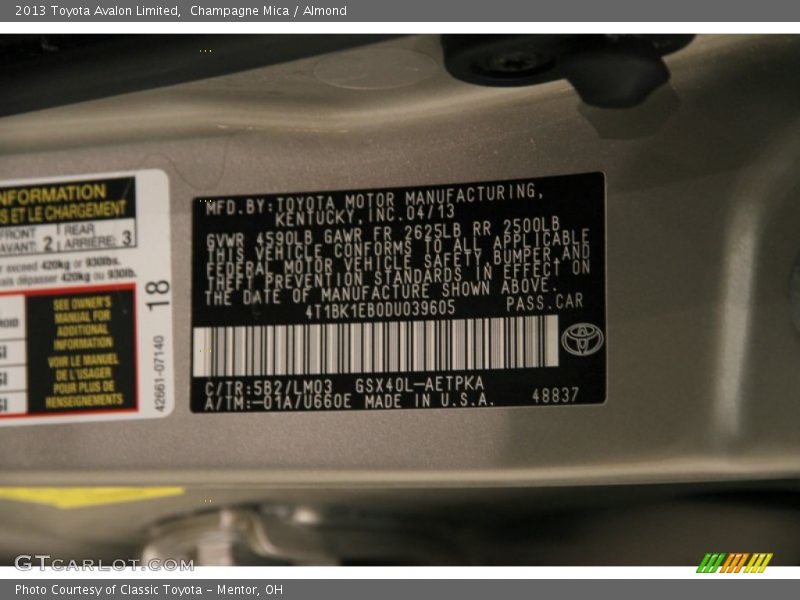 2013 Avalon Limited Champagne Mica Color Code 5B2