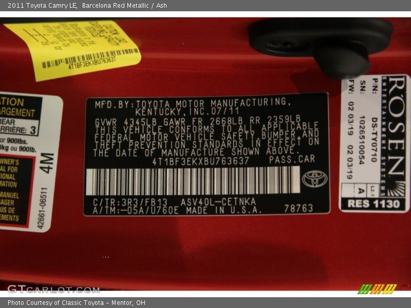 Barcelona Red Metallic / Ash 2011 Toyota Camry LE