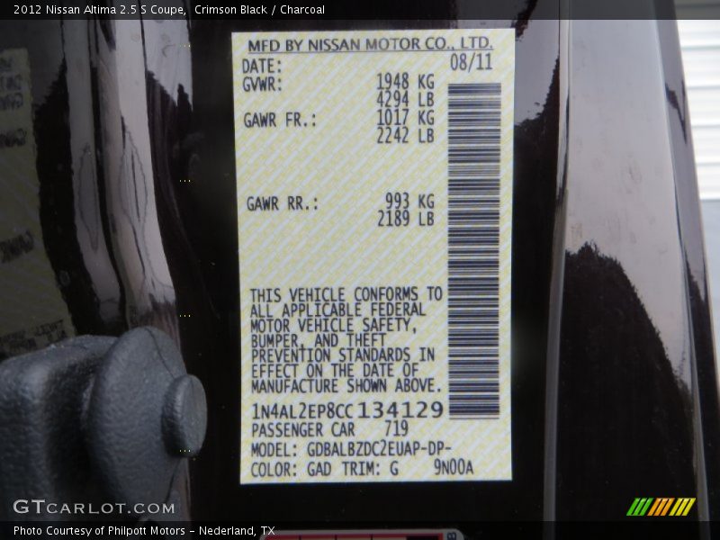 Crimson Black / Charcoal 2012 Nissan Altima 2.5 S Coupe