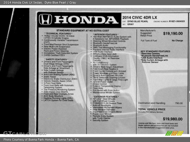  2014 Civic LX Sedan Window Sticker