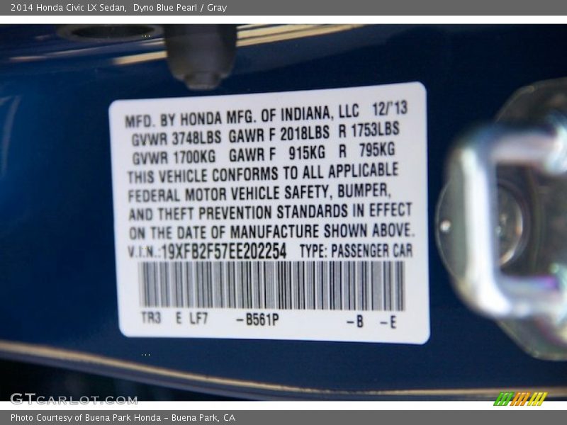 2014 Civic LX Sedan Dyno Blue Pearl Color Code B561P
