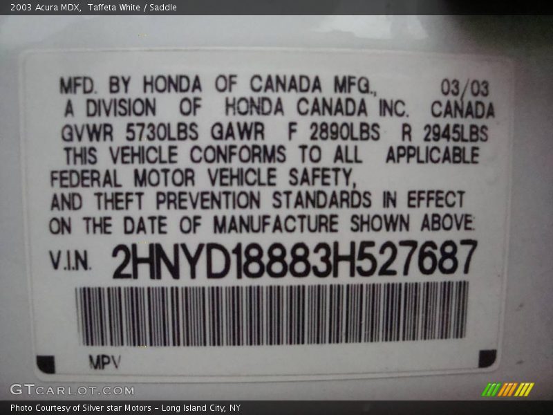 Taffeta White / Saddle 2003 Acura MDX