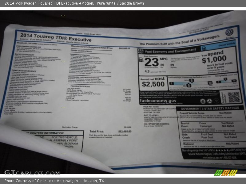  2014 Touareg TDI Executive 4Motion Window Sticker