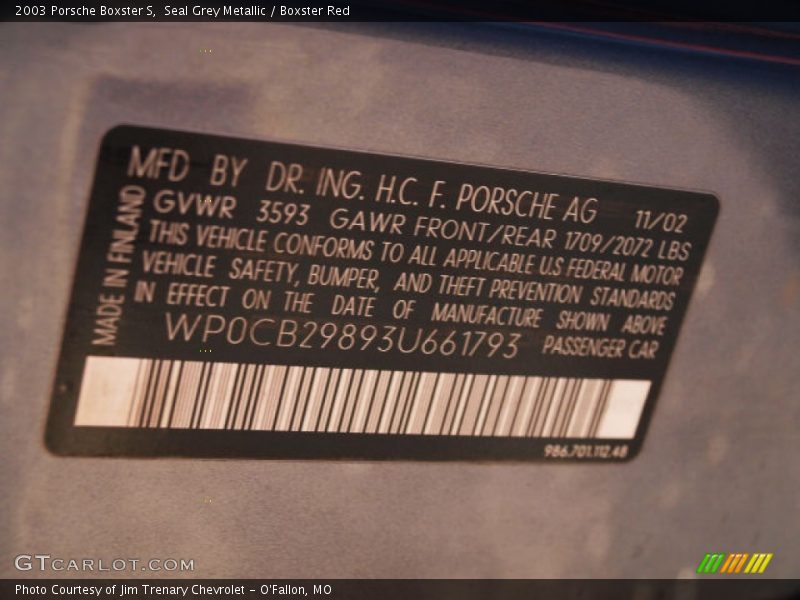 Seal Grey Metallic / Boxster Red 2003 Porsche Boxster S