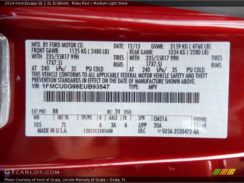 2014 Escape SE 2.0L EcoBoost Ruby Red Color Code RR