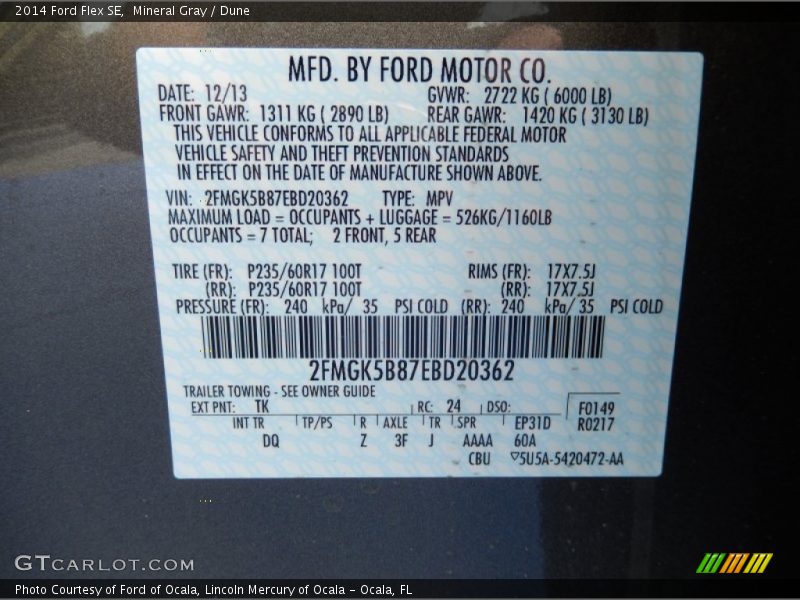 Mineral Gray / Dune 2014 Ford Flex SE