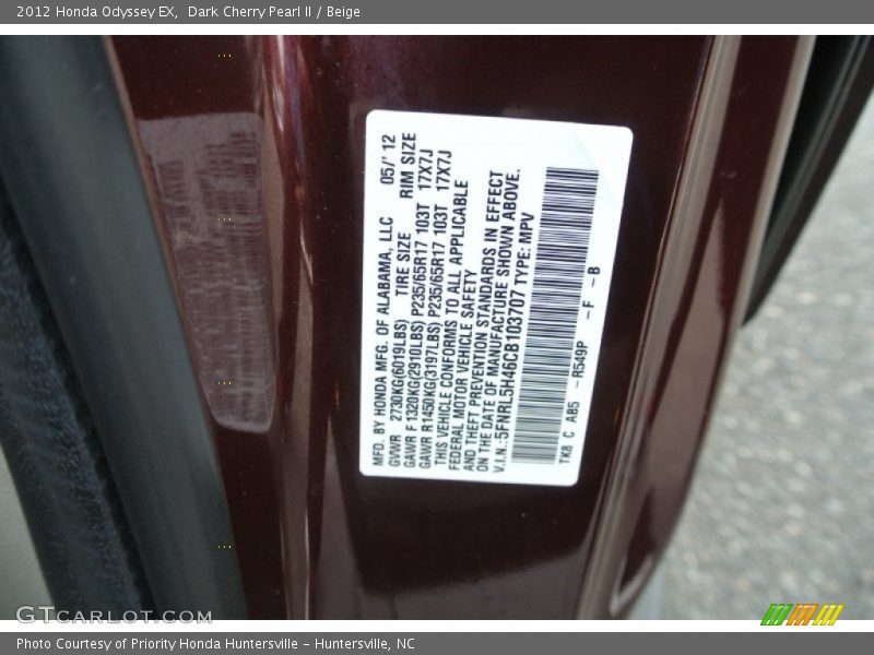 Dark Cherry Pearl II / Beige 2012 Honda Odyssey EX