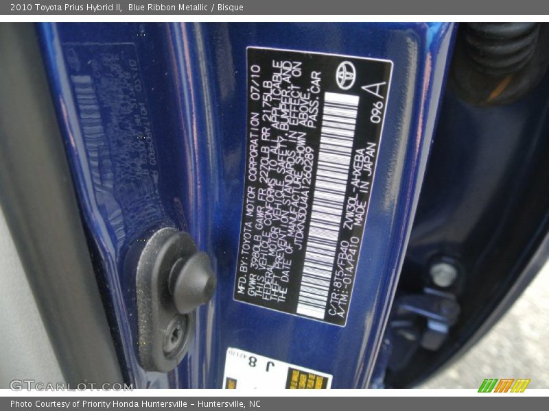 2010 Prius Hybrid II Blue Ribbon Metallic Color Code 8T5