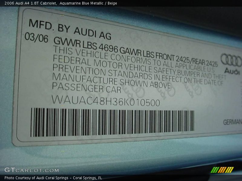 Aquamarine Blue Metallic / Beige 2006 Audi A4 1.8T Cabriolet