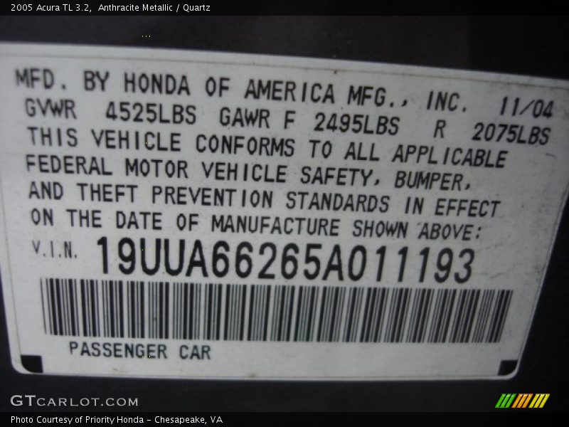 Anthracite Metallic / Quartz 2005 Acura TL 3.2