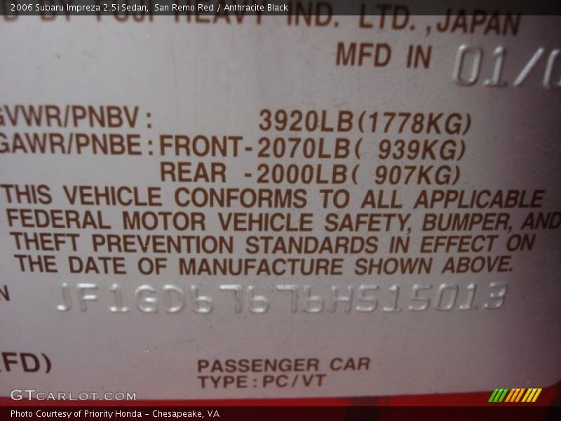 San Remo Red / Anthracite Black 2006 Subaru Impreza 2.5i Sedan
