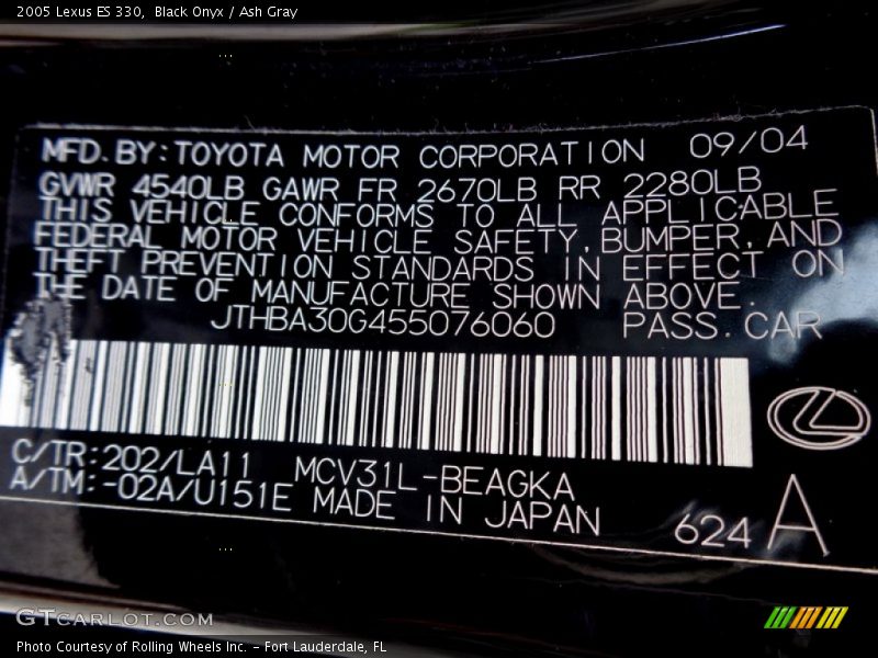 2005 ES 330 Black Onyx Color Code 202