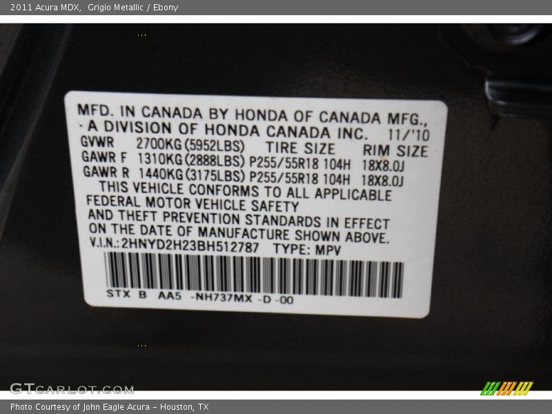 Grigio Metallic / Ebony 2011 Acura MDX