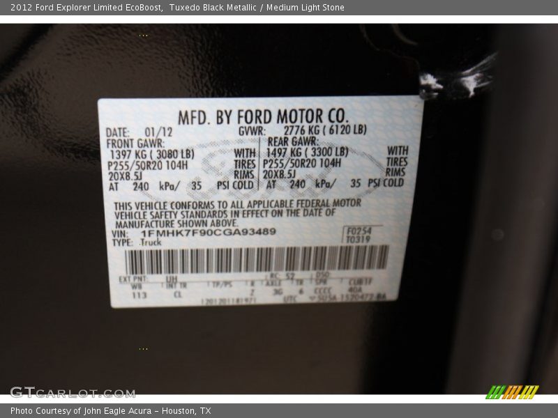 Tuxedo Black Metallic / Medium Light Stone 2012 Ford Explorer Limited EcoBoost