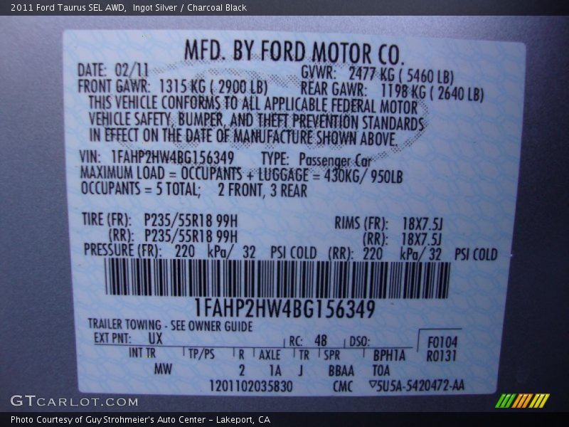 Ingot Silver / Charcoal Black 2011 Ford Taurus SEL AWD