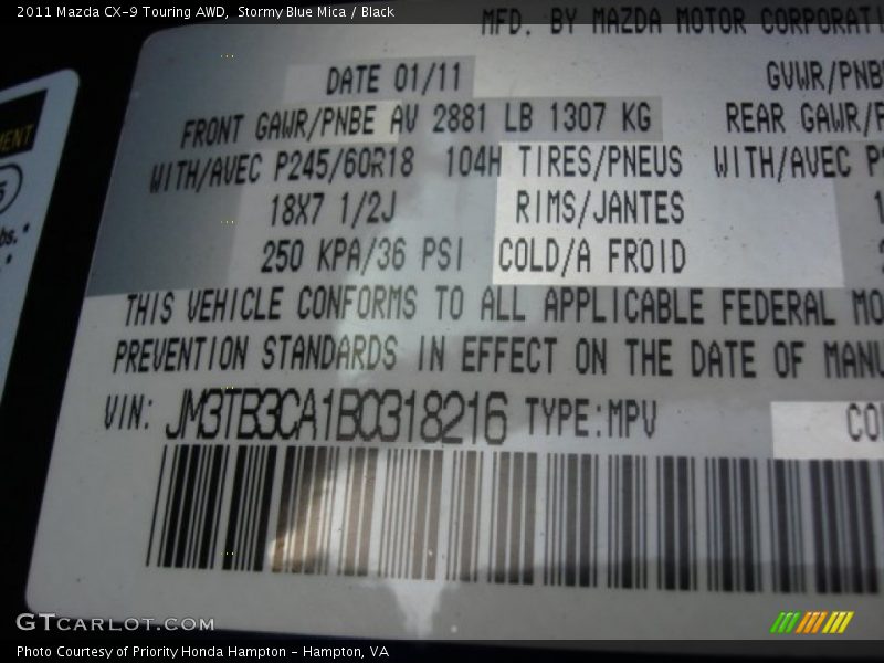 Stormy Blue Mica / Black 2011 Mazda CX-9 Touring AWD