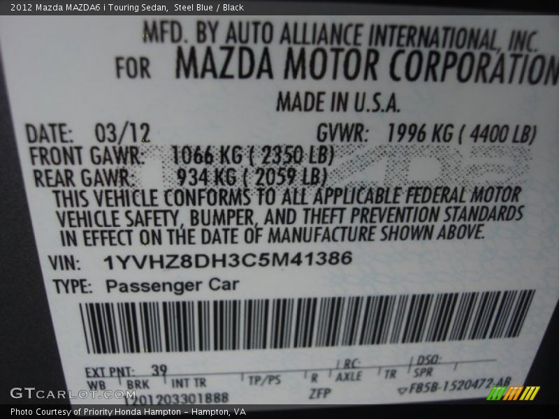Steel Blue / Black 2012 Mazda MAZDA6 i Touring Sedan