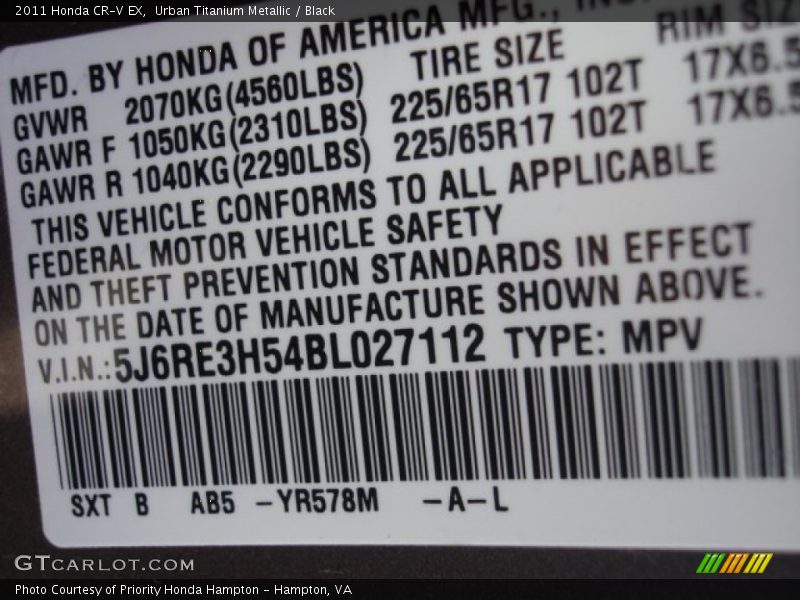 Urban Titanium Metallic / Black 2011 Honda CR-V EX