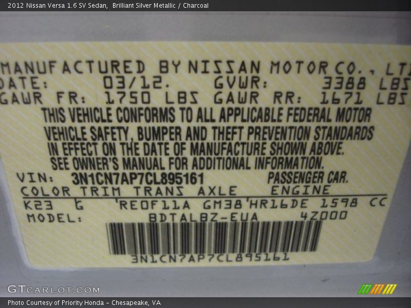 Brilliant Silver Metallic / Charcoal 2012 Nissan Versa 1.6 SV Sedan