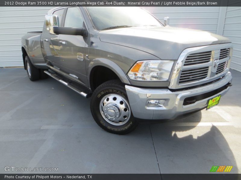 Mineral Gray Pearl / Light Pebble Beige/Bark Brown 2012 Dodge Ram 3500 HD Laramie Longhorn Mega Cab 4x4 Dually