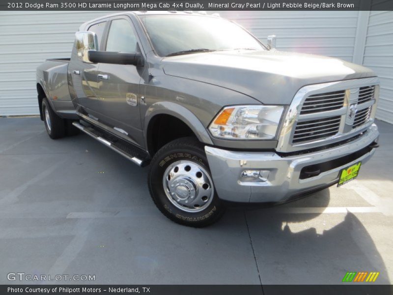 Mineral Gray Pearl / Light Pebble Beige/Bark Brown 2012 Dodge Ram 3500 HD Laramie Longhorn Mega Cab 4x4 Dually