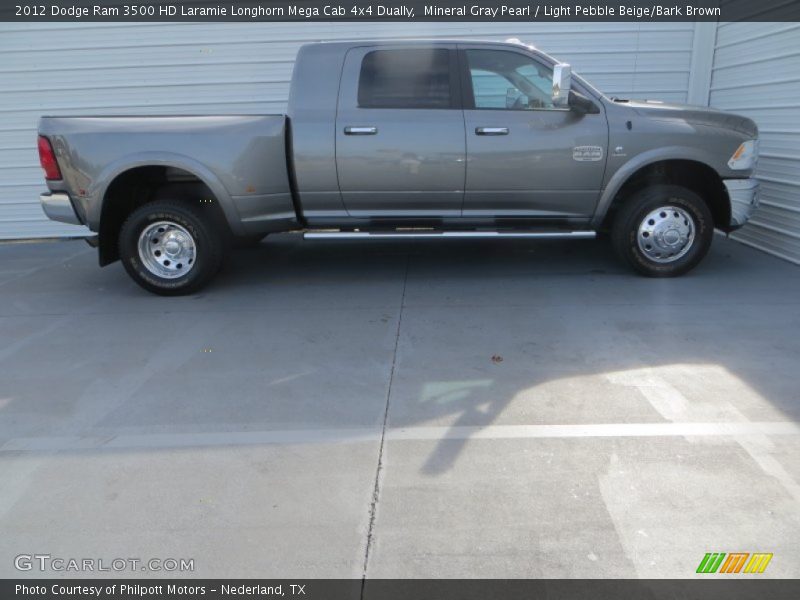 Mineral Gray Pearl / Light Pebble Beige/Bark Brown 2012 Dodge Ram 3500 HD Laramie Longhorn Mega Cab 4x4 Dually